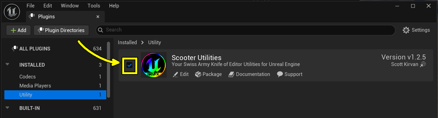 The Plugins window with the Scooter Utilities checkbox enabled